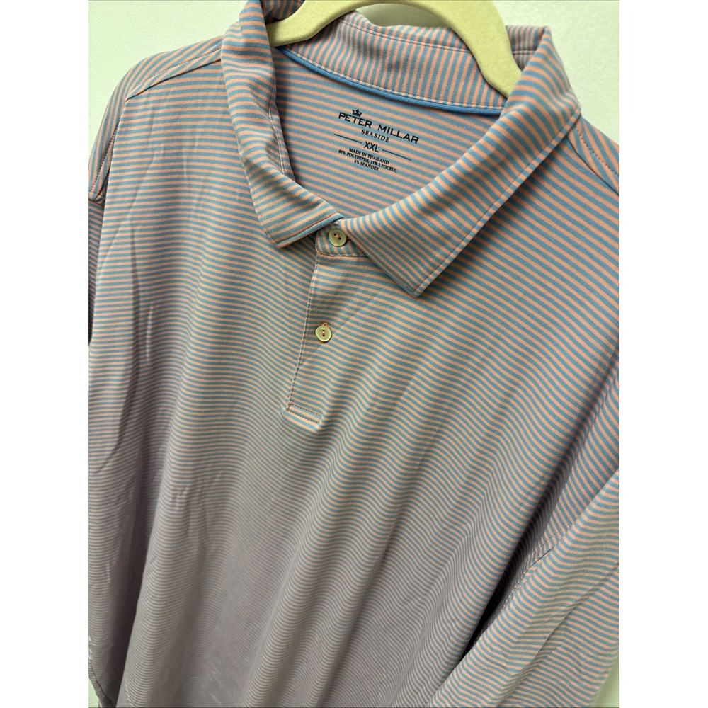 PETER MILLAR‎ Mens CoralBlue Striped DriRelease Seaside Golf Polo Shirt 2XL
